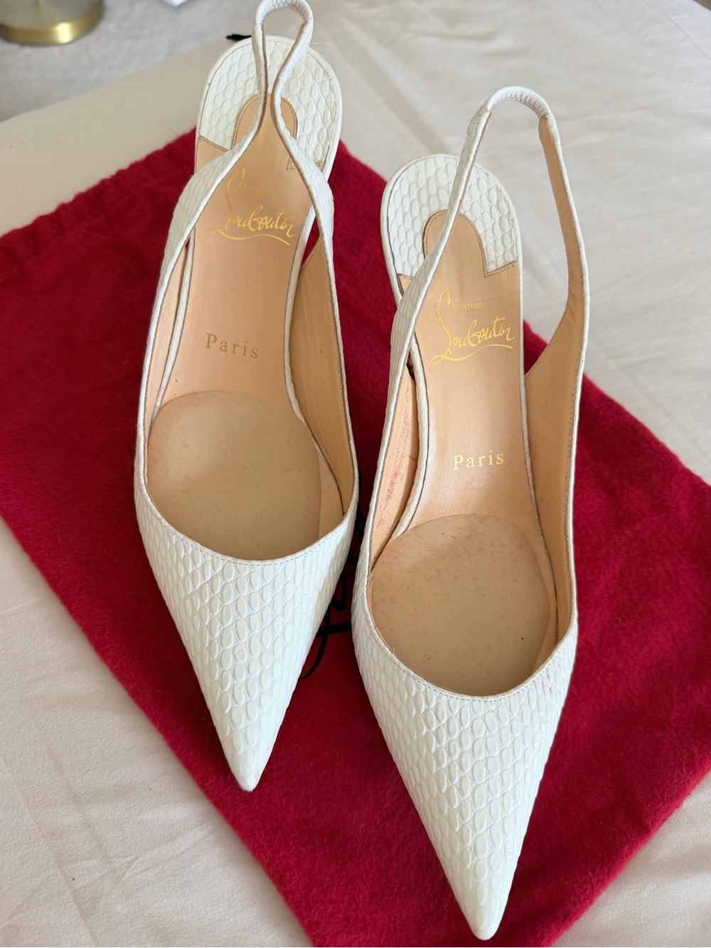 Christian Louboutin White Textured Pointed Slingback Pumps